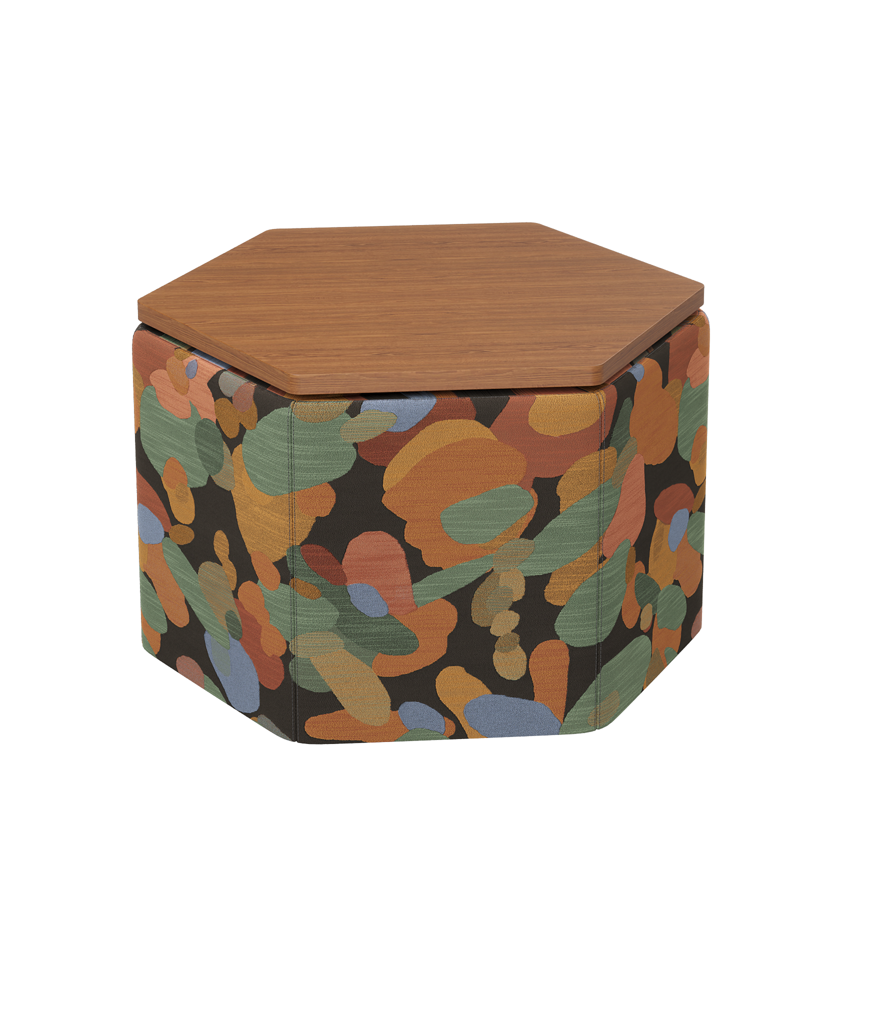 A hexagonal upholstered ottoman a laminate top