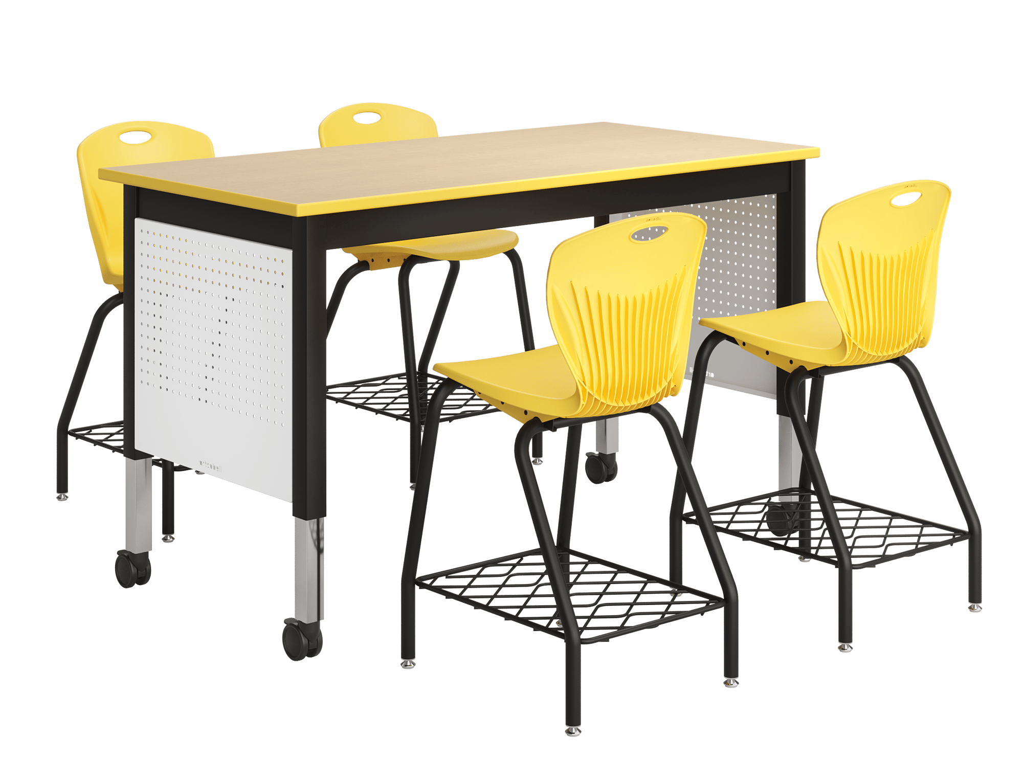 Discover four-leg stool with optional upholstered seat pad and bookrack for classrooms, cafeterias, and collaborative spaces.