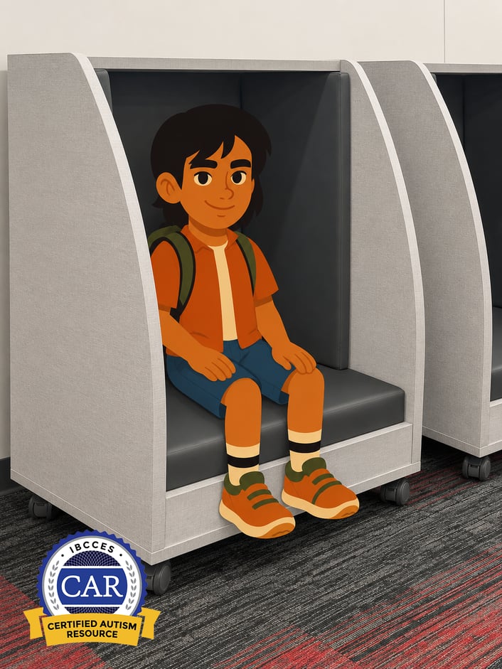 Artcobell PeacePod® privacy booth providing a quiet retreat for focused learning and self-regulation. The image includes the IBCCES Certified Autism Resource (CAR) certification badge.