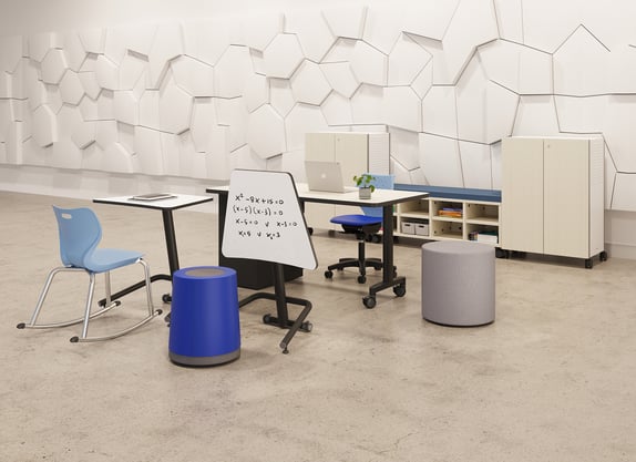Flexible classroom furniture including Artcobell Discover Rocker Chair, collaborative student desks, mobile whiteboard, modular storage, and seating for modern K–12 learning spaces.