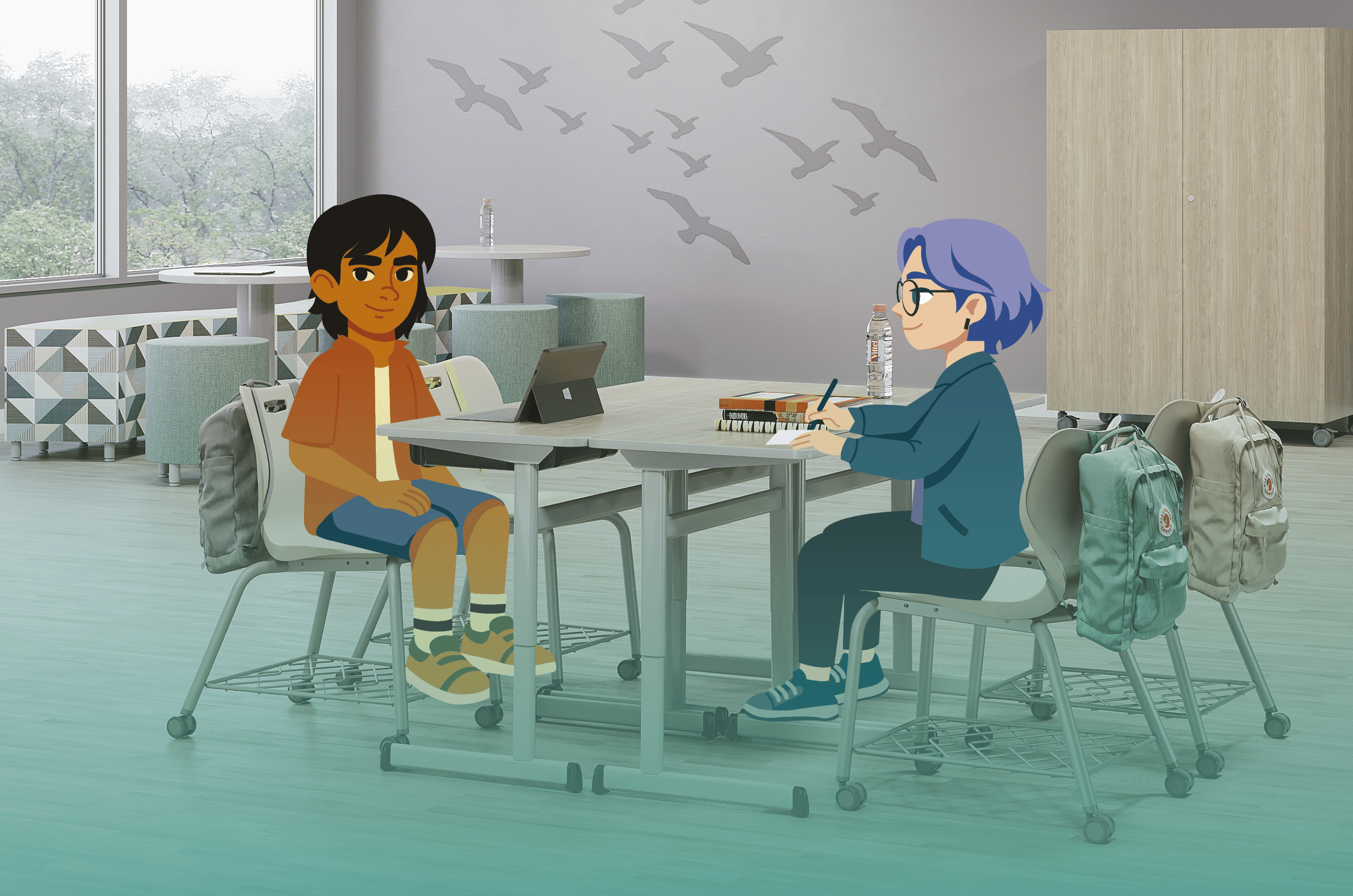 Modern K–12 classroom featuring collaborative student desks, mobile chairs with backpack storage, and flexible furniture that supports group work and active learning.