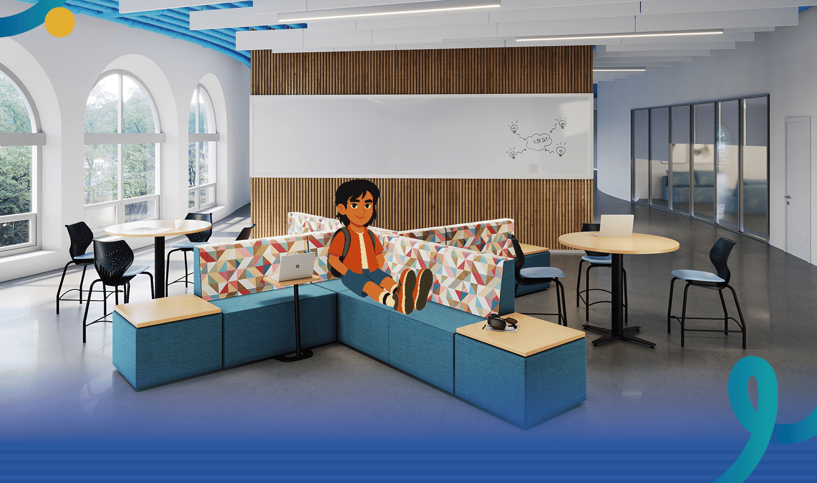Modern K–12 learning commons with modular soft seating, café tables, and flexible collaborative furniture that supports individual work, group discussions, and informal learning.