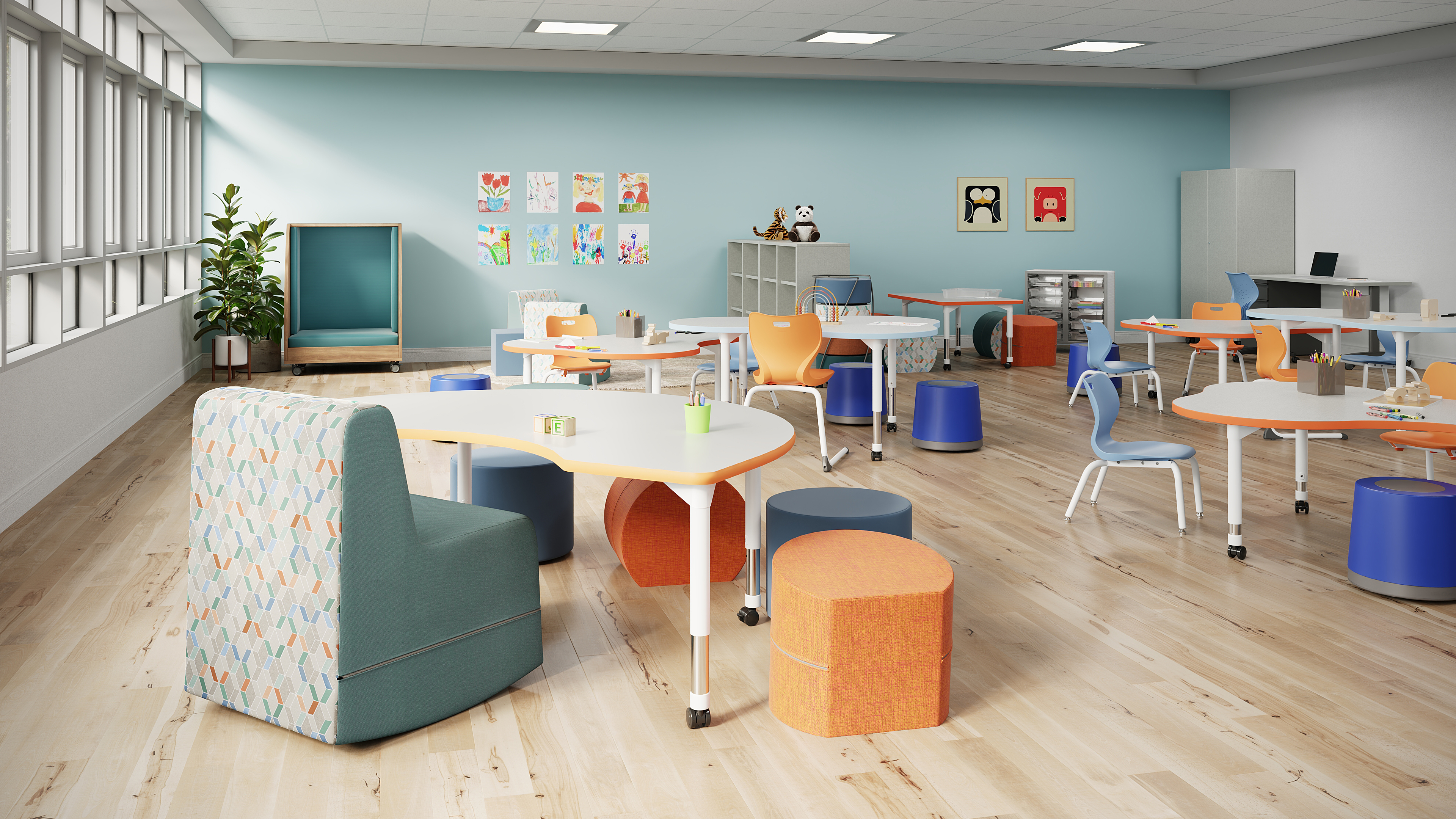 pre-k space, classroom, soft rocker, flexible seating, soft seating, shape tables 