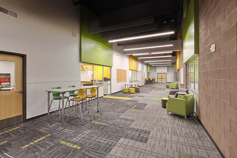 learning hallway, breakout, flex, standing height, cafe, soft seating, lounge, shape table, alphabet, four leg stool, lab stool