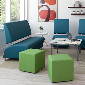 lounge seating, sofas, upholstered chairs, cube, square, coffee table collaborative project breakout spaces