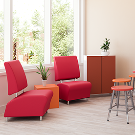 lounge seating, sofas, upholstered chairs, cube, square, coffee table, maker space, makerspace, cabinet, mobile storage collaborative project breakout spaces