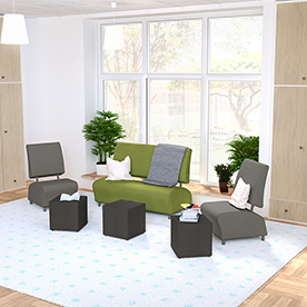 lounge seating, sofas, upholstered chairs, cube, square collaborative project breakout spaces