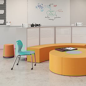 alphabet, four leg, caster, mov, stool, mobile storage, curved bookshelf, curved bench, soft seating, arc collaborative project breakout spaces