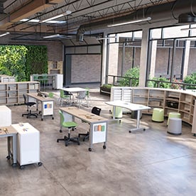 makerspace, maker space, cabinet, mobile storage, table, alphabet, task chair, MOV Stool, flip top, four leg, stool, STEM, STEAM, project
