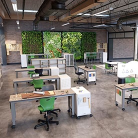 makerspace, maker space, cabinet, mobile storage, table, alphabet, task chair, MOV Stool, flip top, four leg, stool, STEM, STEAM, project