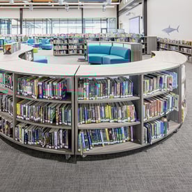 curved bookshelves, curved bookshelf, mobile storage, media center, collaborative