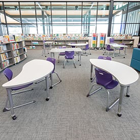 curved bookshelves, curved bookshelf, mobile storage, nebula, expanse, shape table, alphabet, cantilever, media center, collaborative