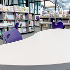 nebula, shape table, expanse, alphabet, cantilever, curved bookshelf, mobile storage, media center, collaborative