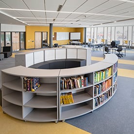 curved bookshelves, curved bookshelf, mobile storage, media center, collaborative