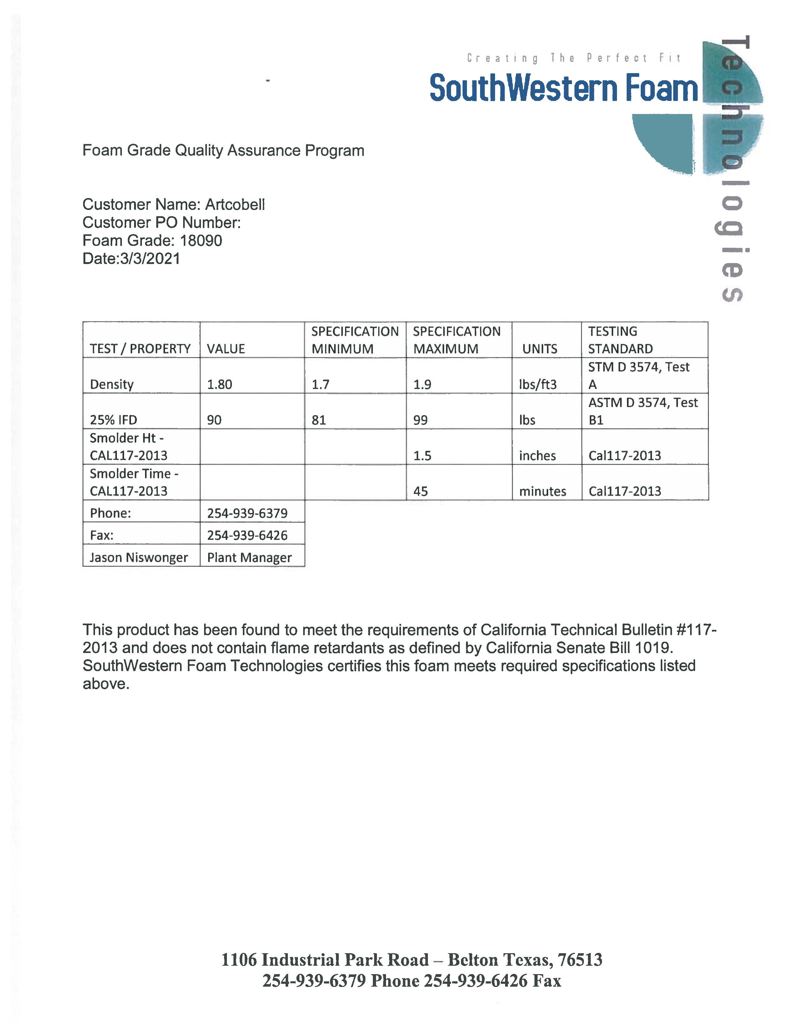 Certificate_Foam Grade Quality Assurance Program