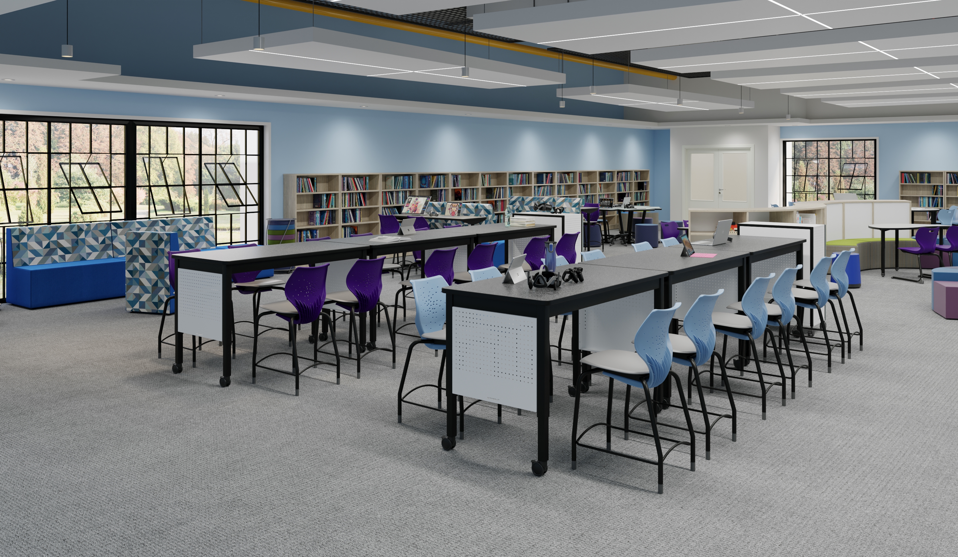 media center, flexible seating, bookshelves, library