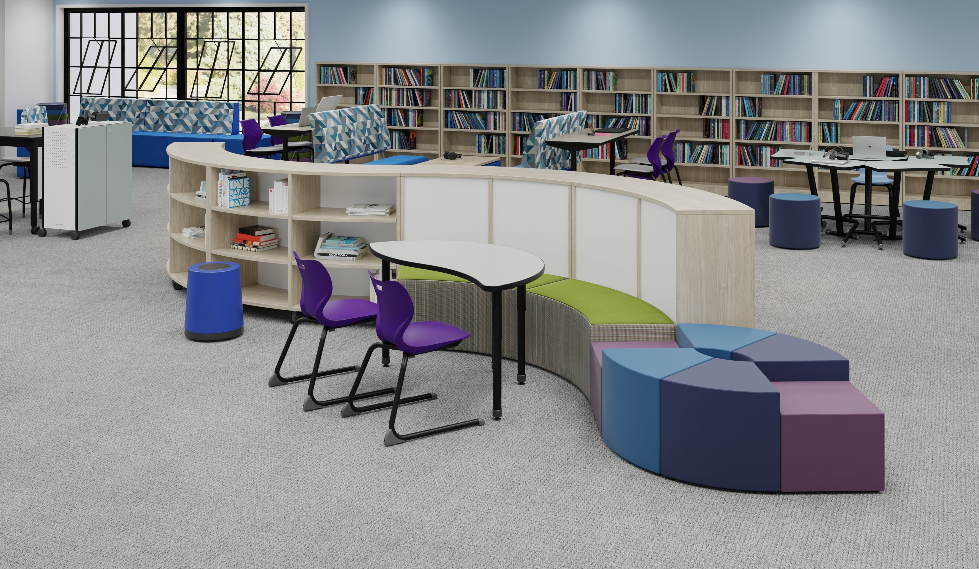 media center, mobile shelves, soft seating, curved bench