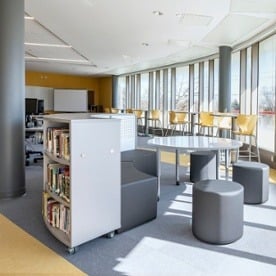 media center, mobile shelves, ASFVSC, DCT-RD, cafe table, round, soft seating, curved bench, SS-BC, crescent, SS-CR