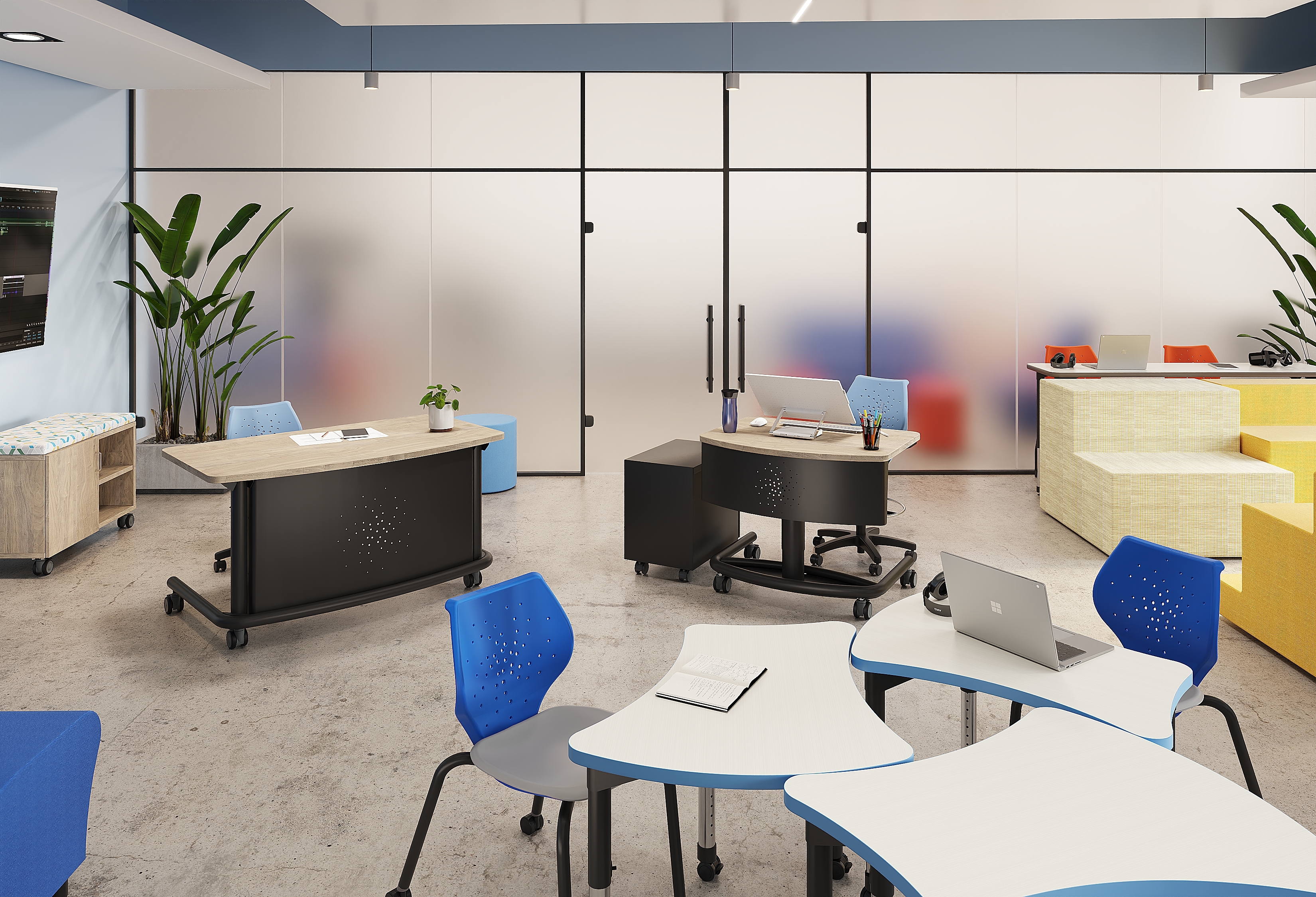 teacher station, classroom, mobile classroom, configurable desks, flexible seating